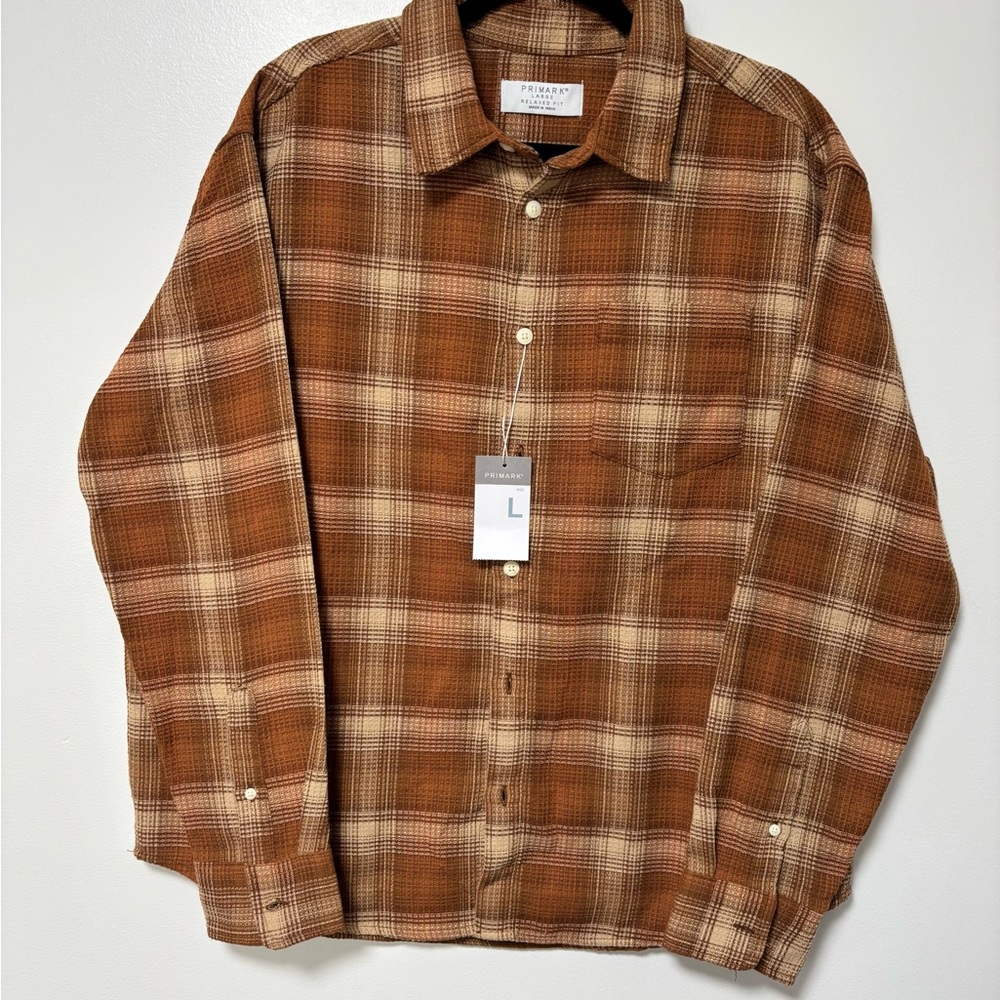 Primark Brown and Cream Plaid Button-Down Men Shirt Long Sleeve size L